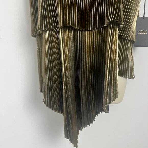 NEW Halogen X Atlantic-Pacific Large Pleated Asymmetrical Gold Black Lame Blouse - Picture 10 of 16